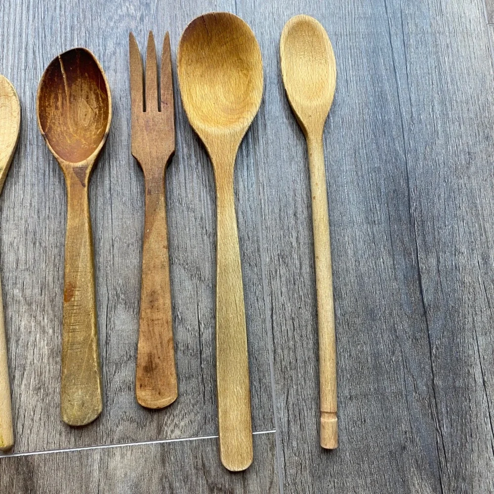 Vintage Wooden Kitchen Utensil‎ Set 6pc Rustic Hand Carved Spoons and Fork Set